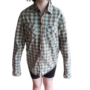 Brown and teal button down dress shirt. RVCA. Boys small. (SKU 411)
